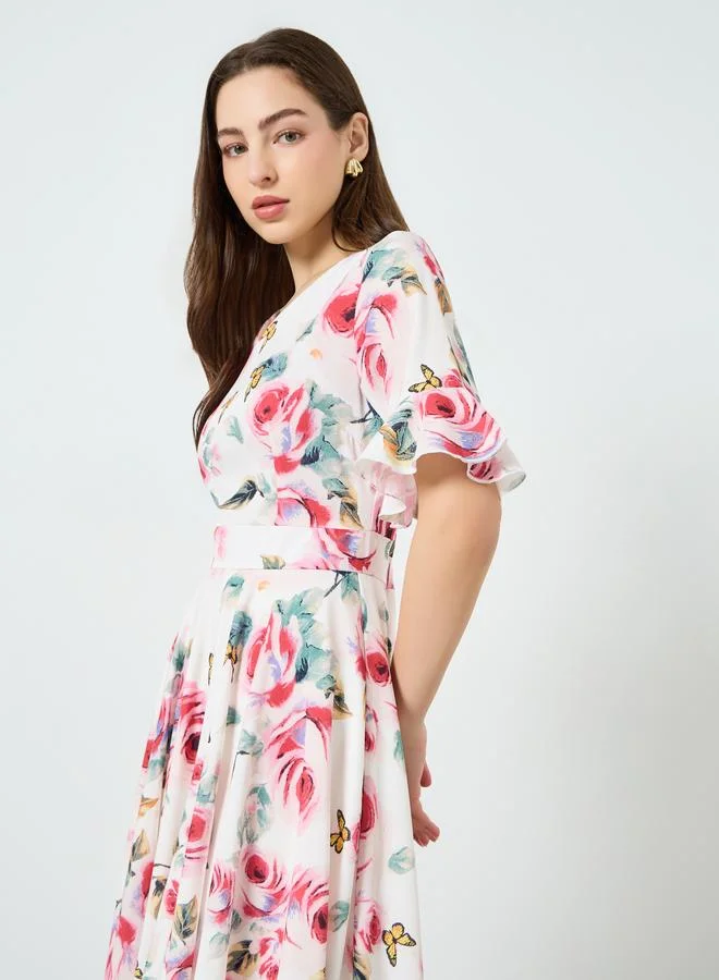 Take Two white with pink and red roses Women Floral Printed V-Neck Midi Dress for Women | Best Price UAE